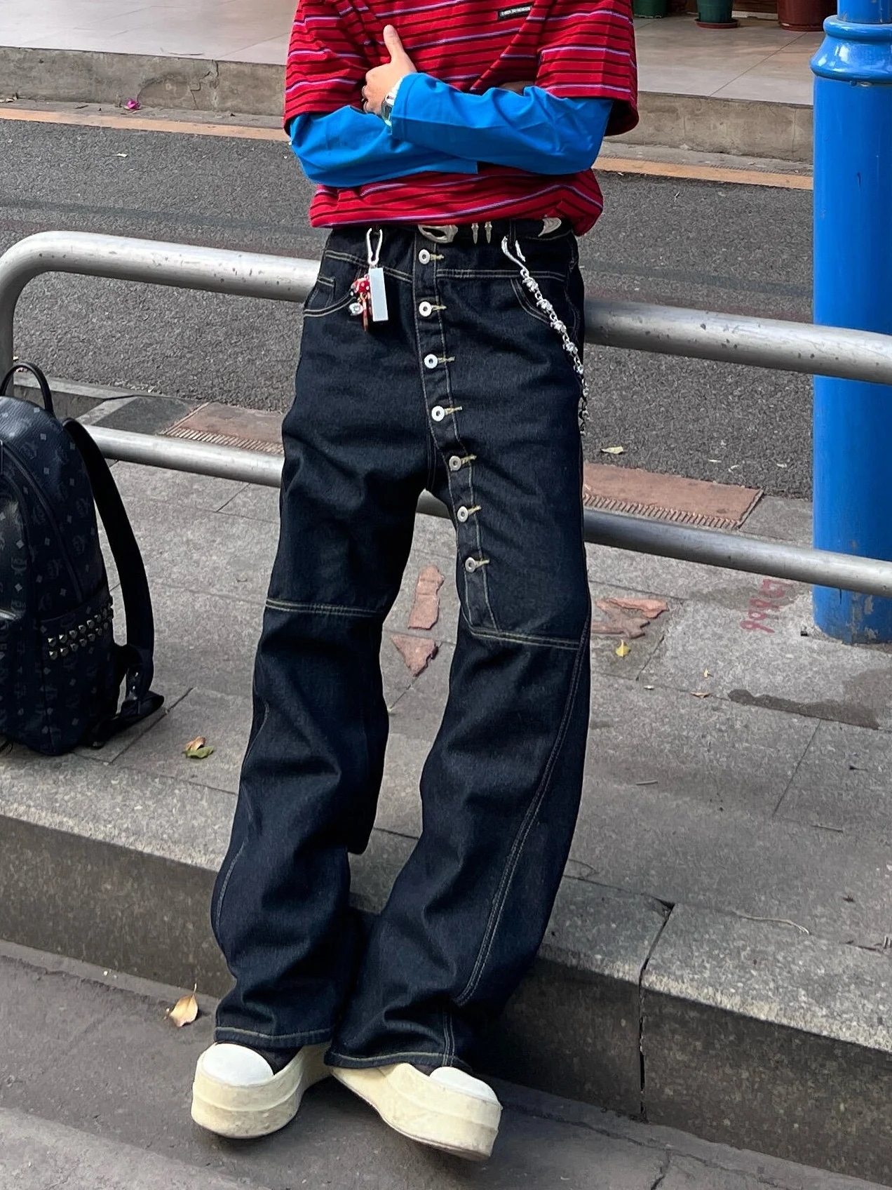 

American Vibe Street Sle Multi-Button Splicing Heavy-Du Original Color Men's Loose Straight Leg Long Jeans Casual Wear
