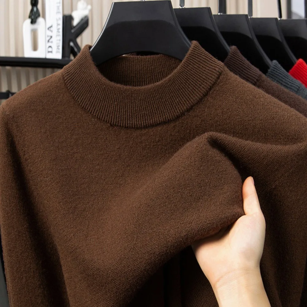 

Свитер из 100% шерсти, новый стиль на осень и зиму, мужское нижнее белье, воротник полувысокий, теплый и утолщенный, красный вязаный свитер.