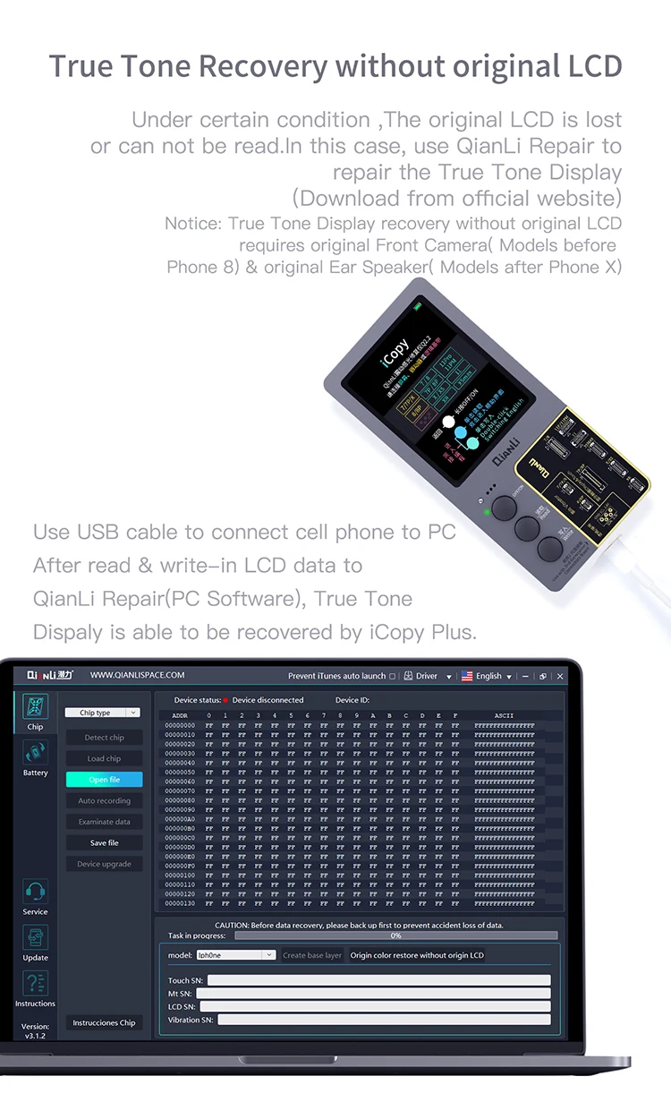 Qianli iCopy Plus 2.3v 2025 LCD Ture Tone Virbrator EEPROM Programmer Battery Testing Board Headset For iPhone 7- 11 12Pro Max