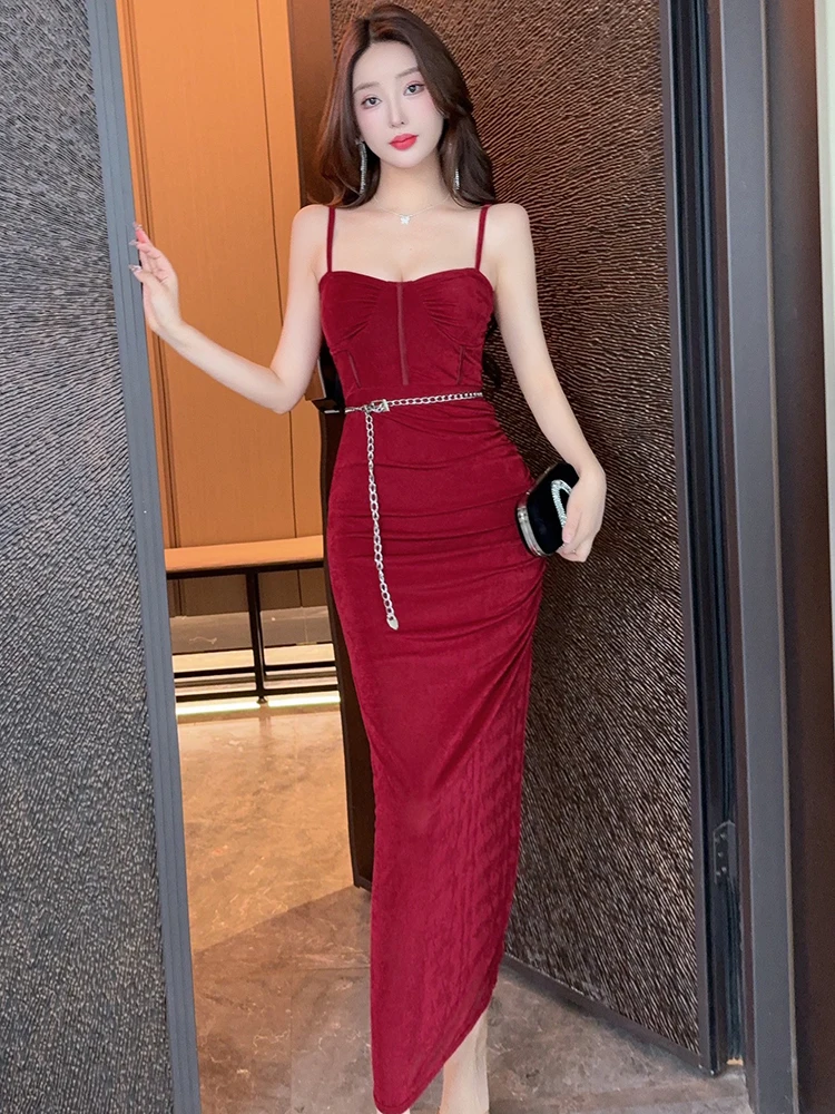 Verão vermelho malha corrente bandagem vestido longo feminino bodycon sexy estilingue vestido 2025 coreano vintage luxo festival festa vestido de noite