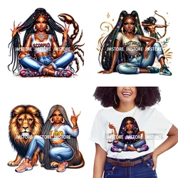 Hip Hop Afro Girl Zodiac oroscopo segni astrologia Mystical Black Women Iron On DTF Heat Press Transfer Stickers per abbigliamento