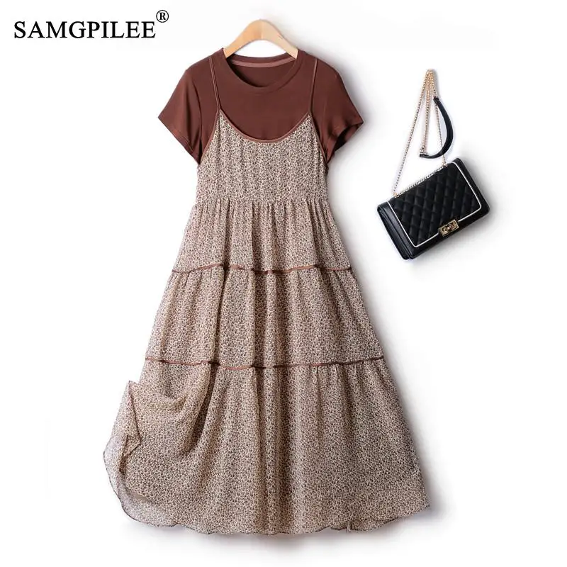 

Set Of Two Fashion Pieces For Women 2022 New European Fashion Floral T-shirt Sling Chiffon Dresses Woman Summer Suit 4XL