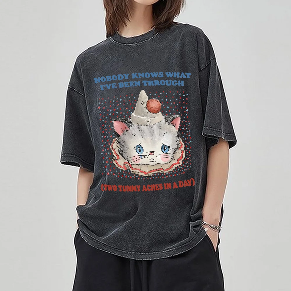 

Sweetheart Cute Cat Print Women T-Shirt Oversized Wash Couple Short Sleeve Y2k Student Affordable Casual Top High Quality Tees
