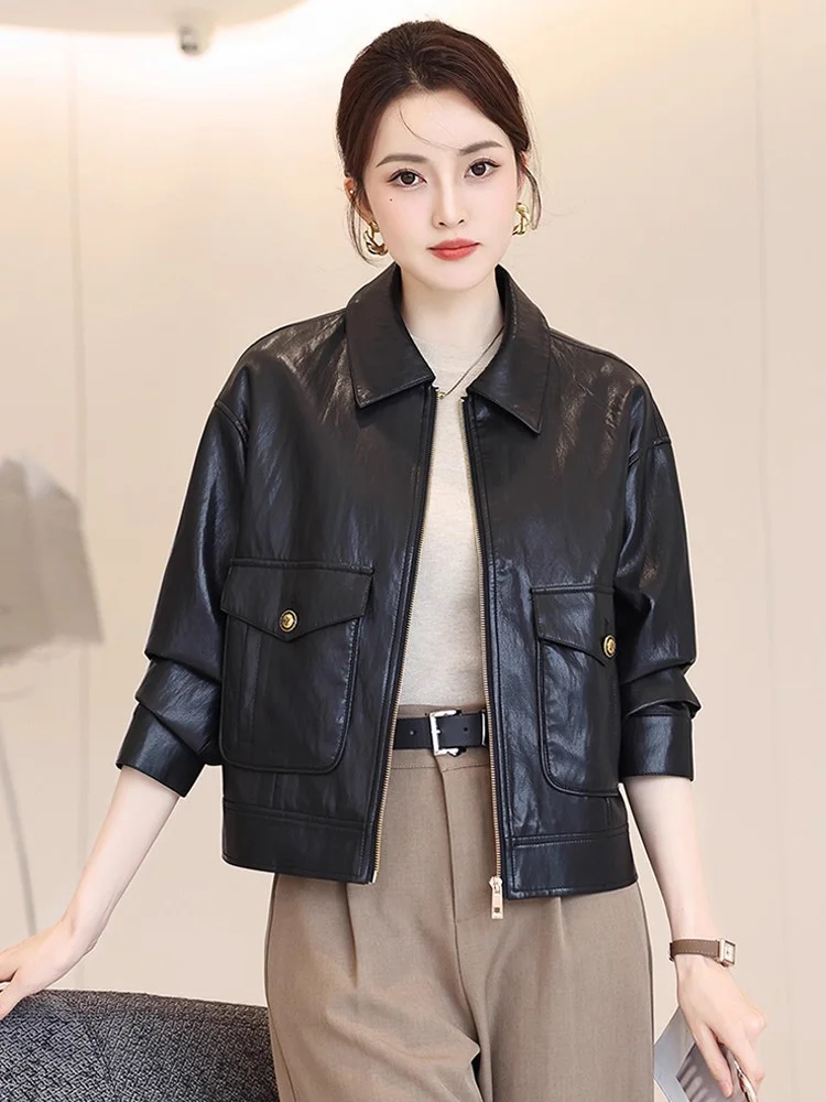 New Women Loose Split Leather Jacket Spring Autumn Fashion Turn-down Collar Long Sleeve Short Coat Casual Leather Coat Female