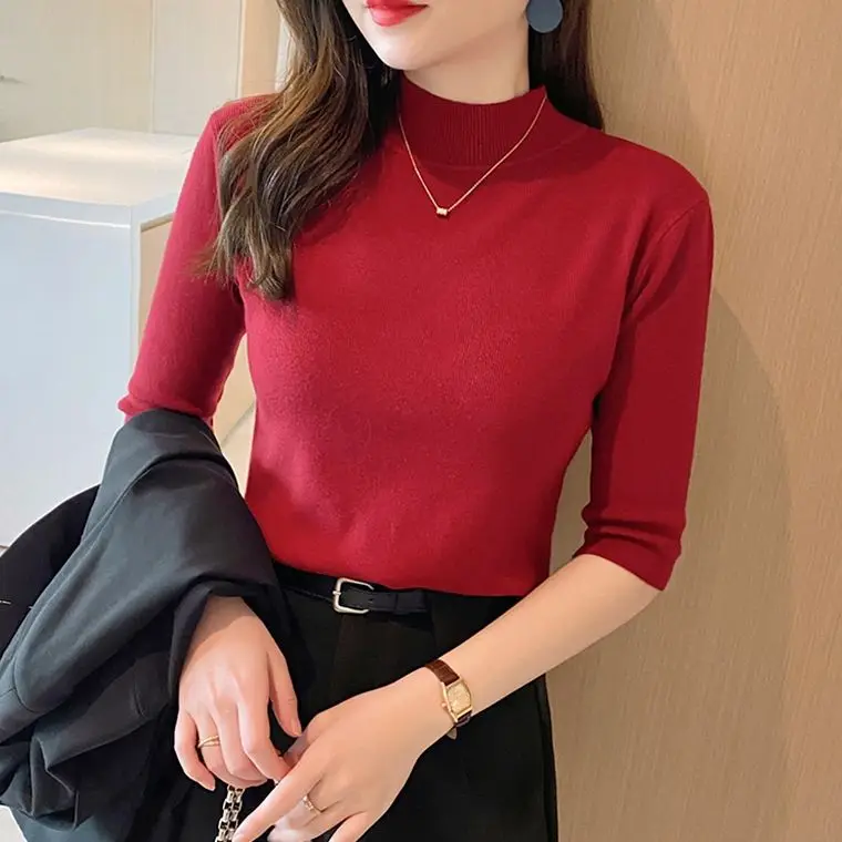 Half-high Neck Base Shirt Women\'s Spring Summer Inner Layer Mid-sleeve Slim Knit Sweater Top Half Sleeve Thin Sweater