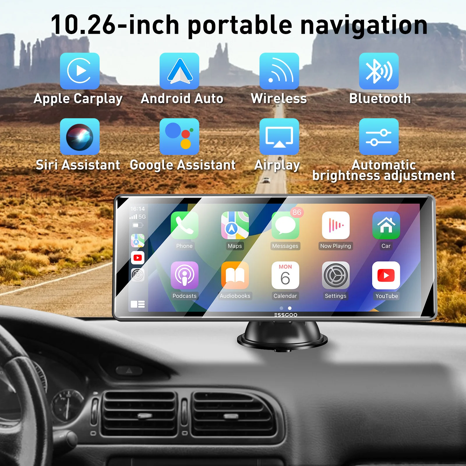 ESSGOO 10.26'' Portable Car Stereo GPS Navigation Head Unit IPS Touchscreen Wireless Apple CarPlay Android Auto FM USB Bluetooth