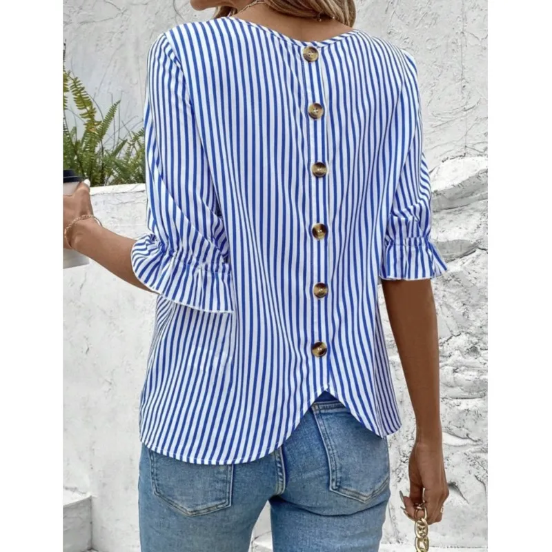 Women\'s Blouses Summer New Fashion Blue Striped Button Folds O Neck Short Sleeve Pullover Tops Elegant Casual Shirts For Women