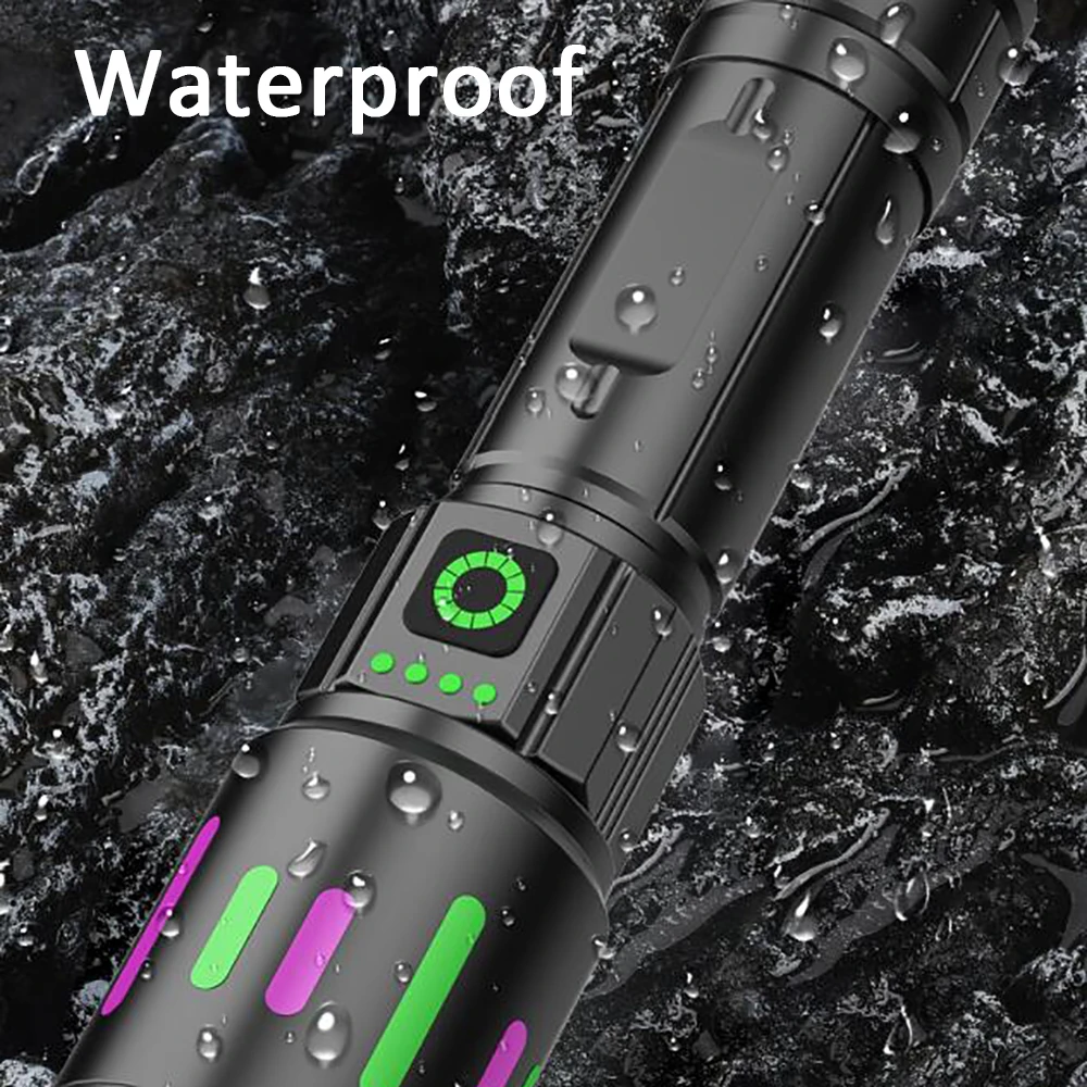 ハイパワーLED懐中電灯,長距離,強力,充電式,防水トーチ,屋外キャンプ,ハイキング用ランタン