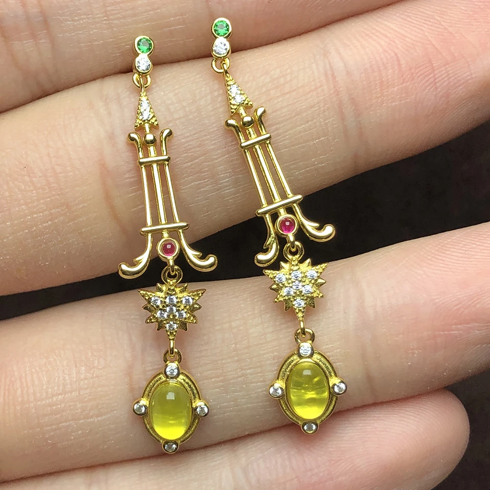 Prehnite Earrings Gemstones 925 Silver Golden Yellow as one wishes Earring Women's long earring