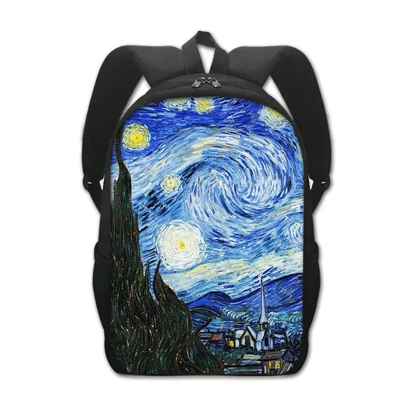 Mochila de noche estrellada con pintura al óleo famosa, lágrimas, beso, lirios de agua, Gustav Klimt, Claude Monet, Van Gogh, mochila escolar para estudiantes