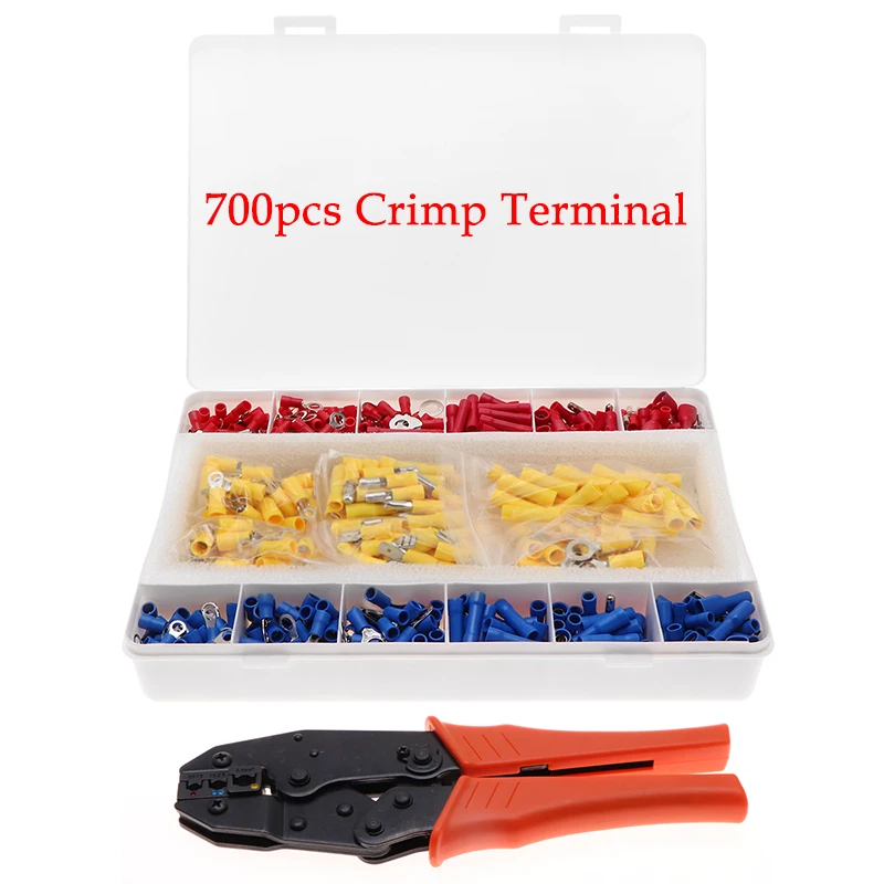 700/300pcs Insulated Spade Crimp Terminal Electrical Wire Cold-Pressure Butt Ring  Wire Cable Connector Terminal Set with Pliers