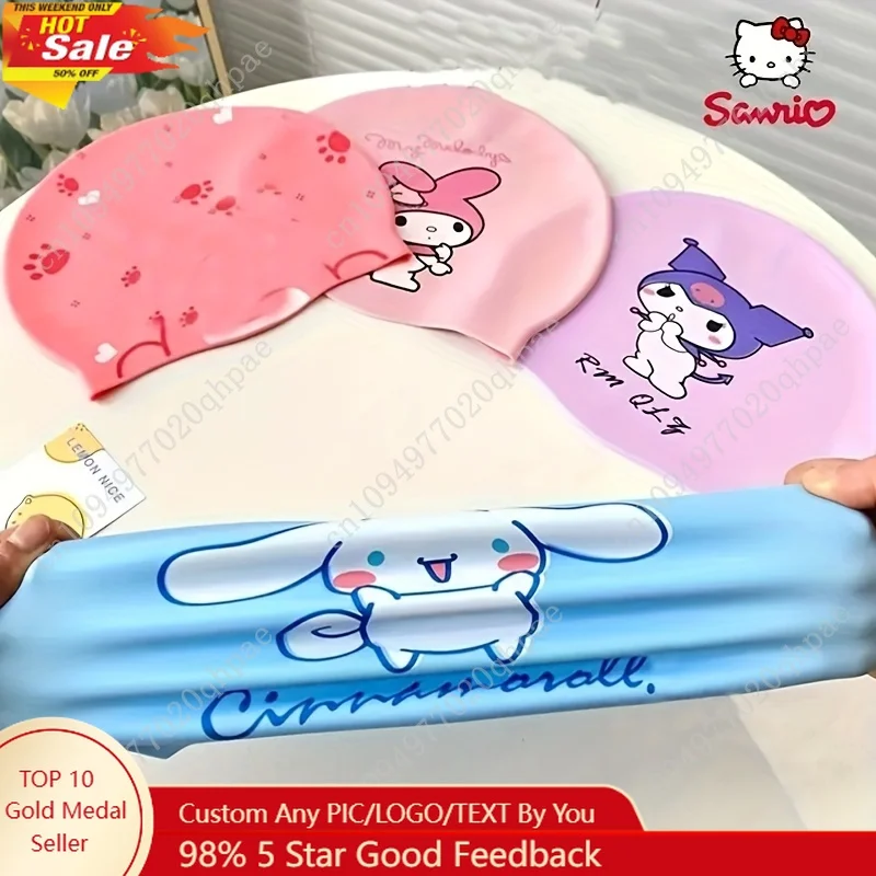 

1pc Sanrio Kuromi Cinnamoroll Melody Cute Nime Swim Cap Sun Hat Pink/Blue/Purple Character Ear Cover for Long Hair Text Logo
