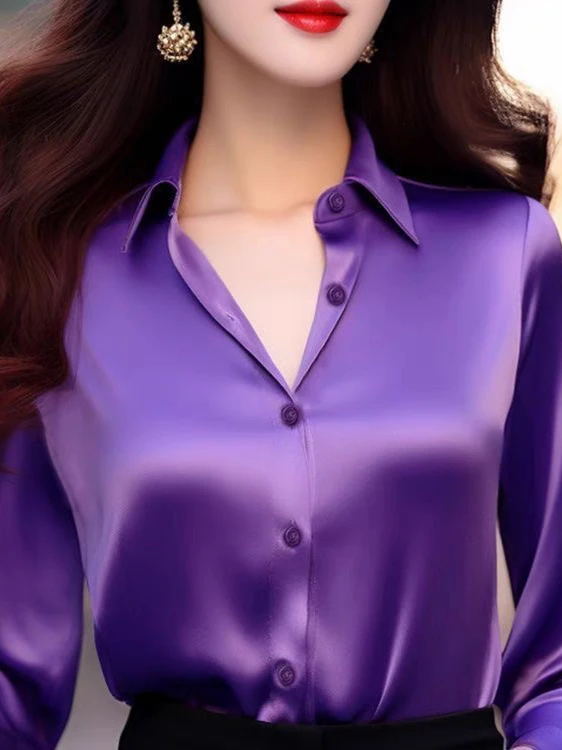 قميص نسائي أنيق بأكمام طويلة من الساتان لمقابلات العمل والتنقل، طبقة أساسية بأسلوب كوري فضفاض مع تفاصيل الأزرار #1