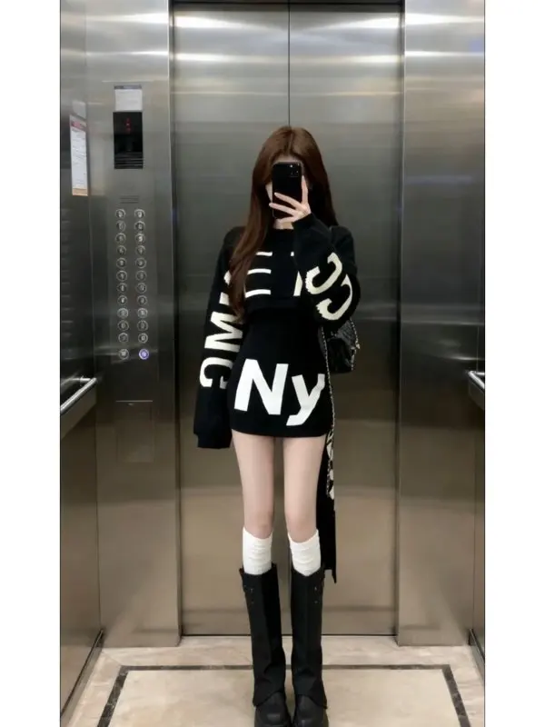 

Cool Loose Lettering Top And Skirt Set Spring New Design Casual Sle Two-Piece Suit for Young Women High Waist Skirt