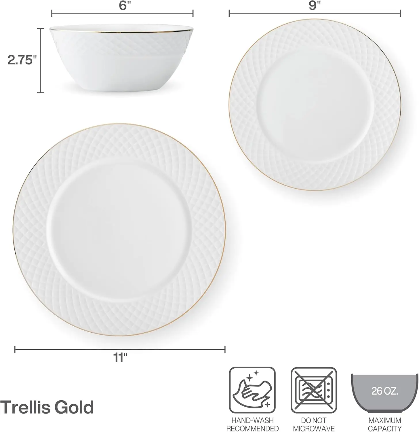 طقم أواني طعام مكون من 12 قطعة من Trellis Gold Rim Bone China خفيف الوزن ومقاوم للرقاقة، خدمة لـ 4 أشخاص
