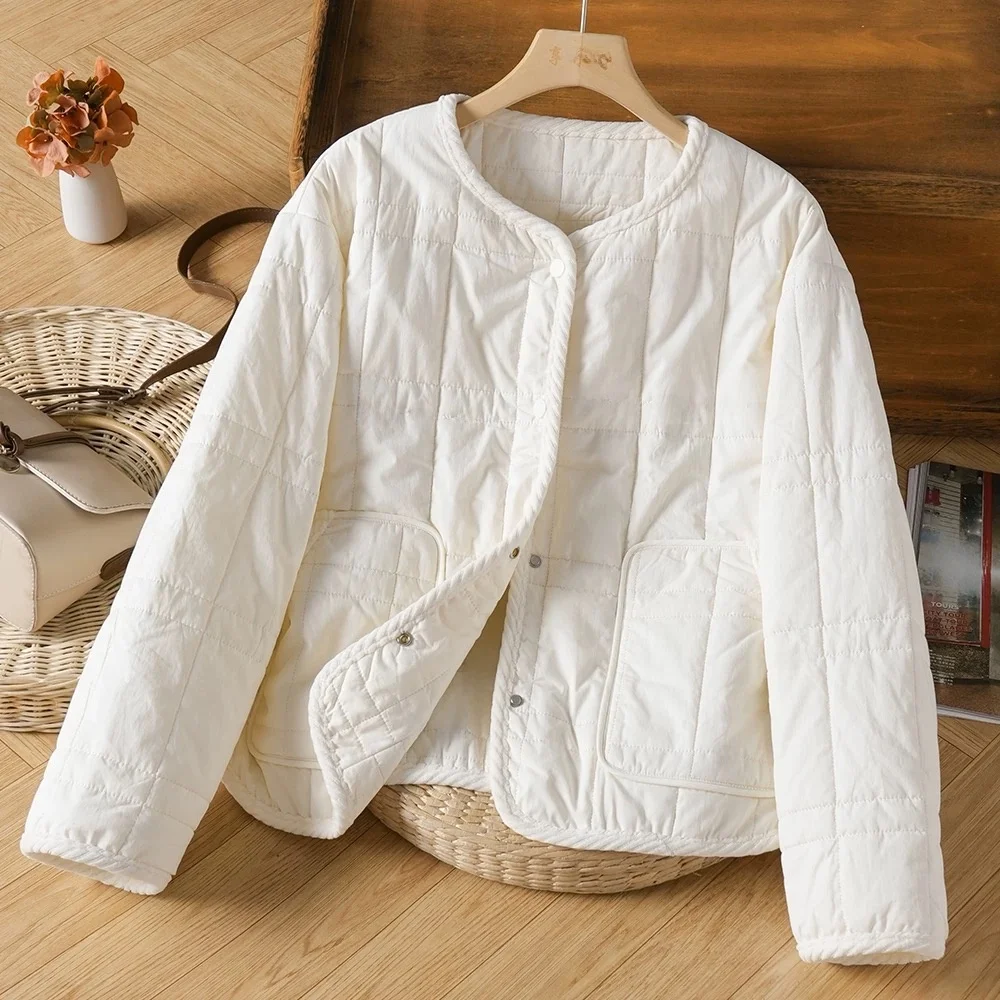 

Thickened Cotton Jacket Sewing Line Washed Cotton Warm Outerwear Patchwork Door Winter Coat Long Sleeve round Neck Button Clo...