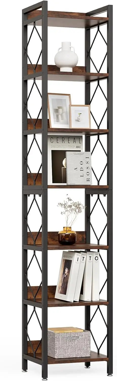 

78.7" Tall Narrow Bookcase, 7-Tier Skinny Wooden Display Shelves with Sturdy Metal Frame for Living Room or Office