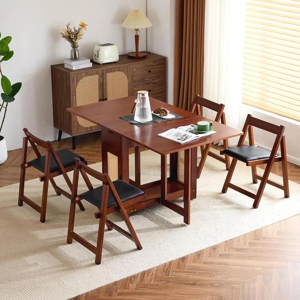 

5-Piece Solid Wood Dining Set with 4 Chairs, 2 Drawers, and Wheels, Walnut Finish, Space-Saving for Kitchen