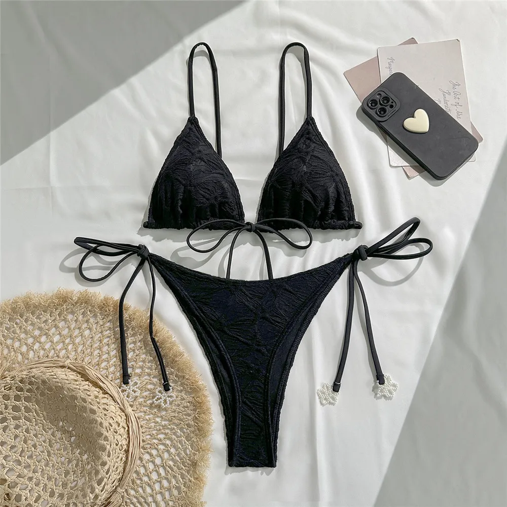 

Black Triangle Swimwear Pearl Flower String Bikinis-Sets Micro Thong Sexy Swimsuit Women 2026 Bathing Suit Biquinis Bikini Mujer