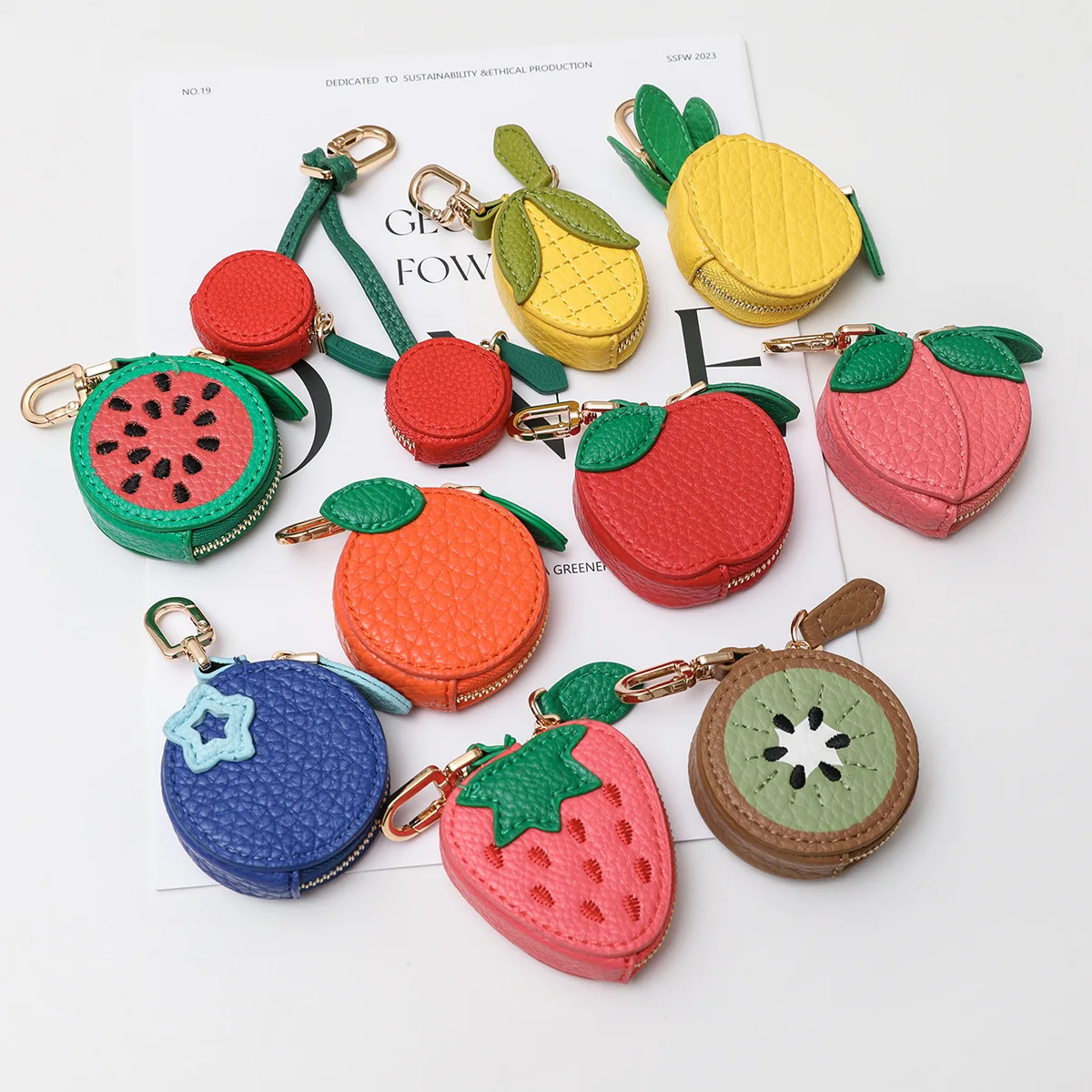 Monedero de frutas de cuero PU, Mini billetera pequeña con limón fresco, fresa y cereza, colgante multifuncional para monedero