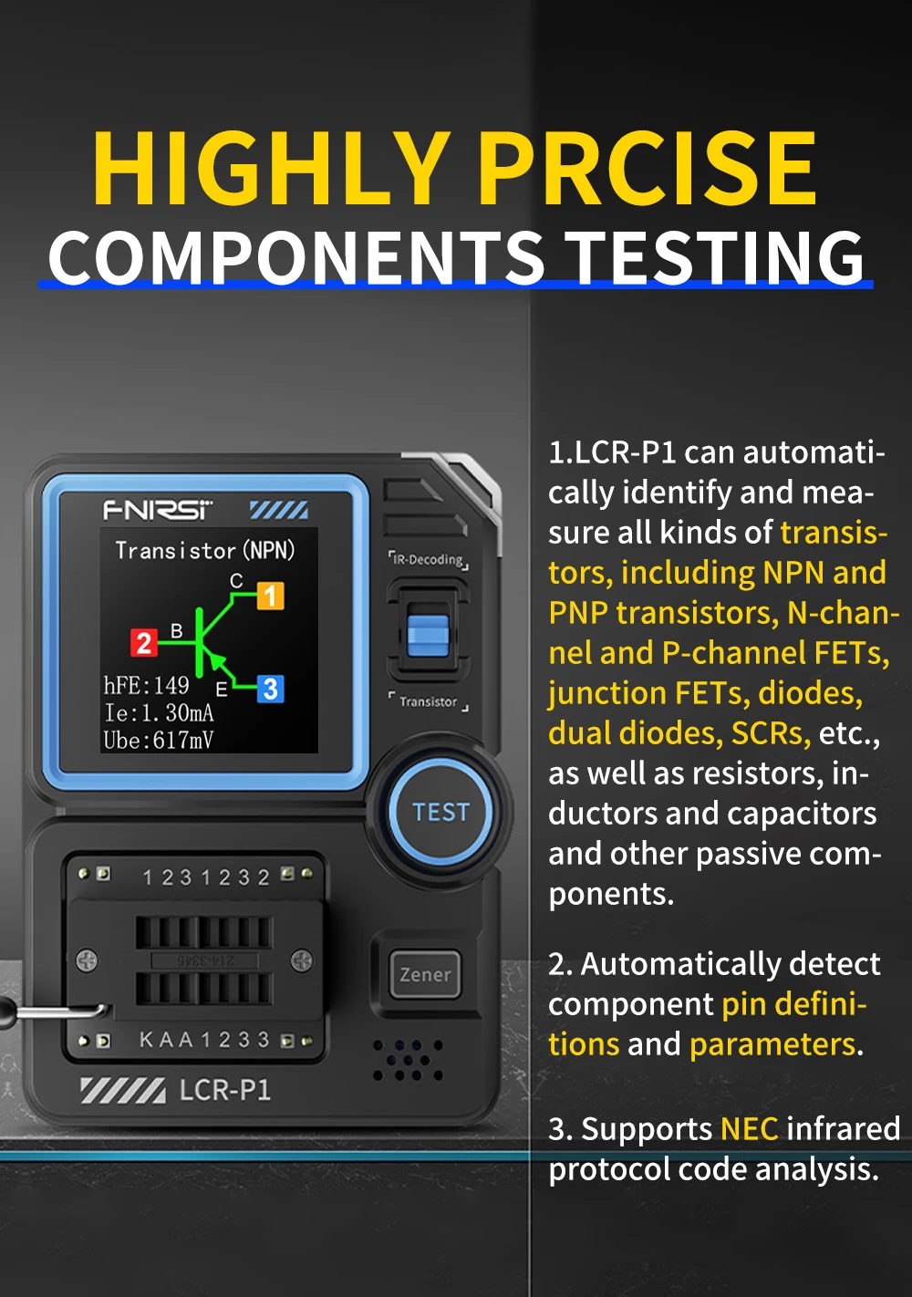 FNIRSI LCR-P1 Transistor Tester Diode Triode Capacitance Resistance Meter LCR ESR Meter NPN PNP MOSFET IR Multifunction Tester