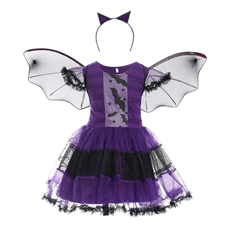 Happy Halloweew Costume for Toddler Girl Bat Dress up with Wings and Headband Kid All Saint's Day Festival Apparel Purim Cosplay