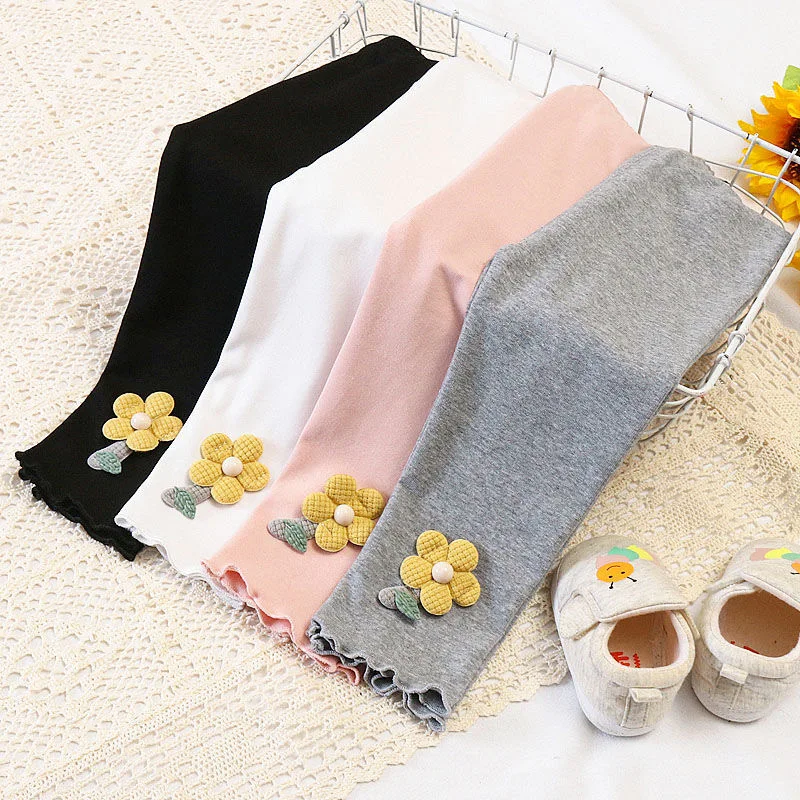 

Милые леггинсы для маленьких девочек, весенне-осенние милые эластичные однотонные брюки в корейском стиле с цветочным принтом, универсальные детские штаны