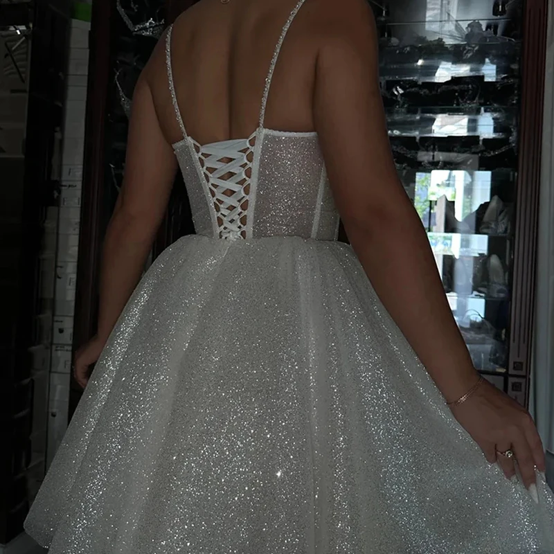 فساتين زفاف قصيرة ترتر متألقة من التل على شكل حرف a بحزام سباغيتي فساتين زفاف مشد أبيض فستان سهرة صغير فستان الحفلات #4