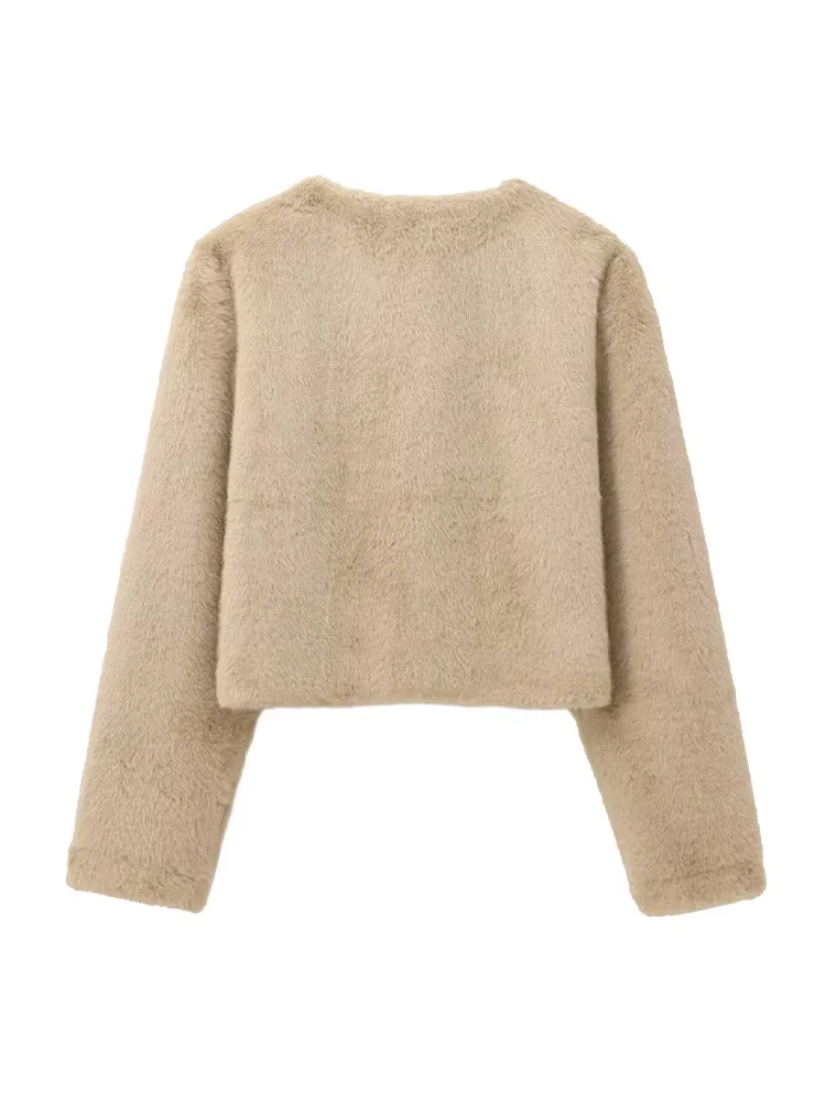 TRAZFA Women's Autumn New Fashion khaki Plush Faux Fur Effect Cropped Heavy Jacket Female Crew Neck Single Breasted Casual Coat
