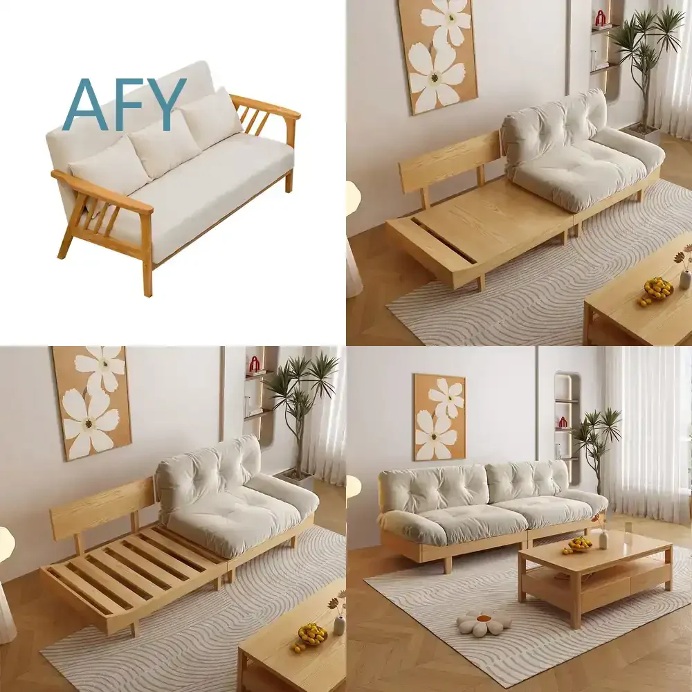 Ash Wood Cloud Fabric Sofa for Small Apartment Log Double Three Simple Wooden Rental Room Small Sofa for Japanese Style