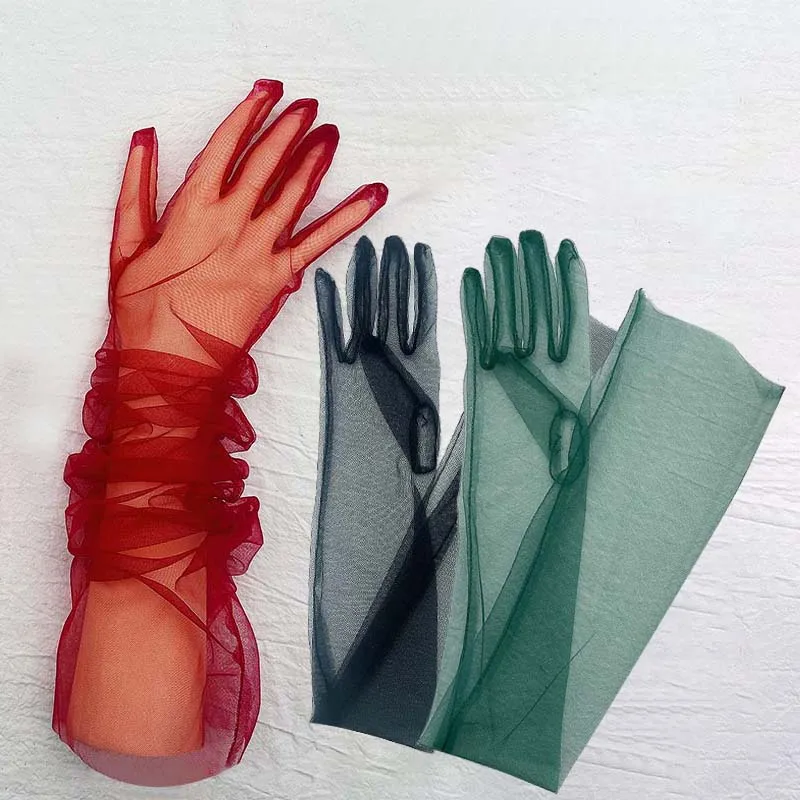 Guantes largos de tul transparente para mujer, mitones de dedo completo, ultrafinos, elásticos, codo de malla, boda, novia, accesorio de Halloween