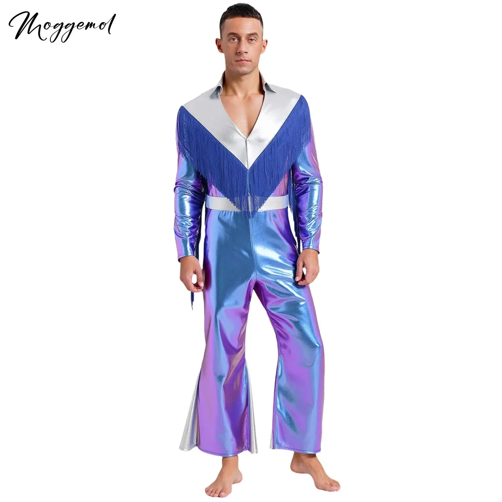 

Mens Shiny Metallic Disco Jumpsuit Halloween Party Cowboys Cosplay Tassel Flare Sleeve Front Zipper Wide Leg Pants Costume