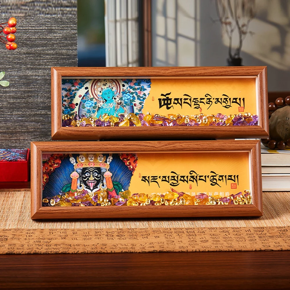 Tibetan Wealth Deity Ornament, Thangka Zaki Ram Framed Art with Crystal Stones, Blessing Decorations Souvenir for Home Altar