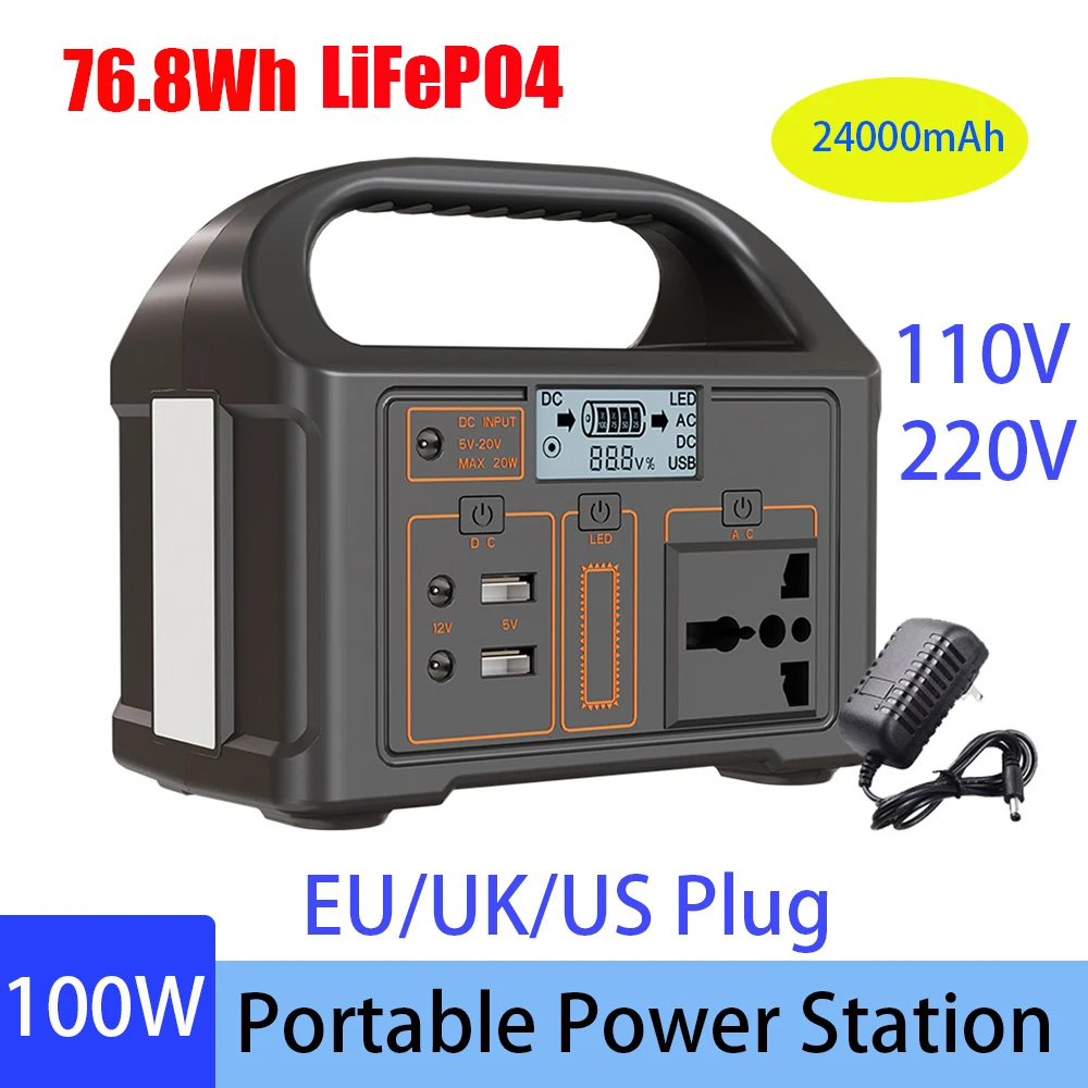 100W 24000mAh LiFePO4 Portable Power Station Mobile Power Supply Solar Generator 220V/110V Charging Station EU/US/UK for Camping