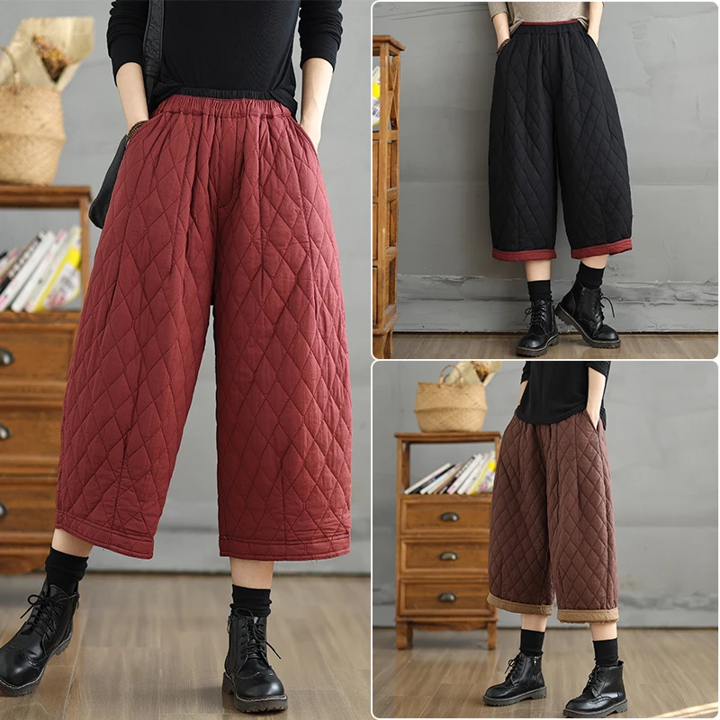 レッドカジュアルウォームダウンコットンパンツレディースプラスサイズハイウエストスリムファッショナブルストレートレッグワイドレッグトラウザーズ