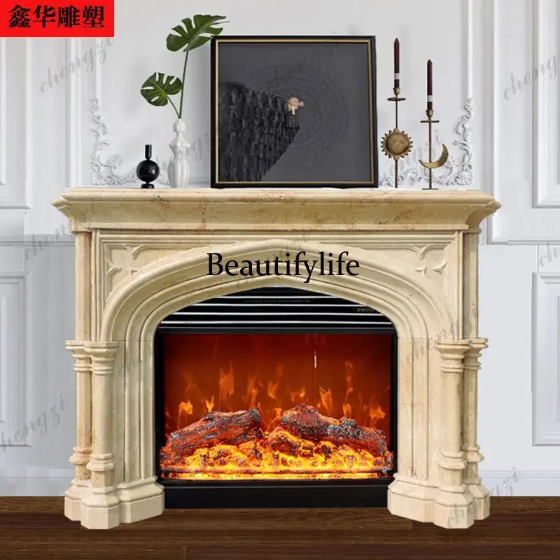 CC85 Natural marble travertine fireplace European retro fireplace cabinet living room stone carving fireplace