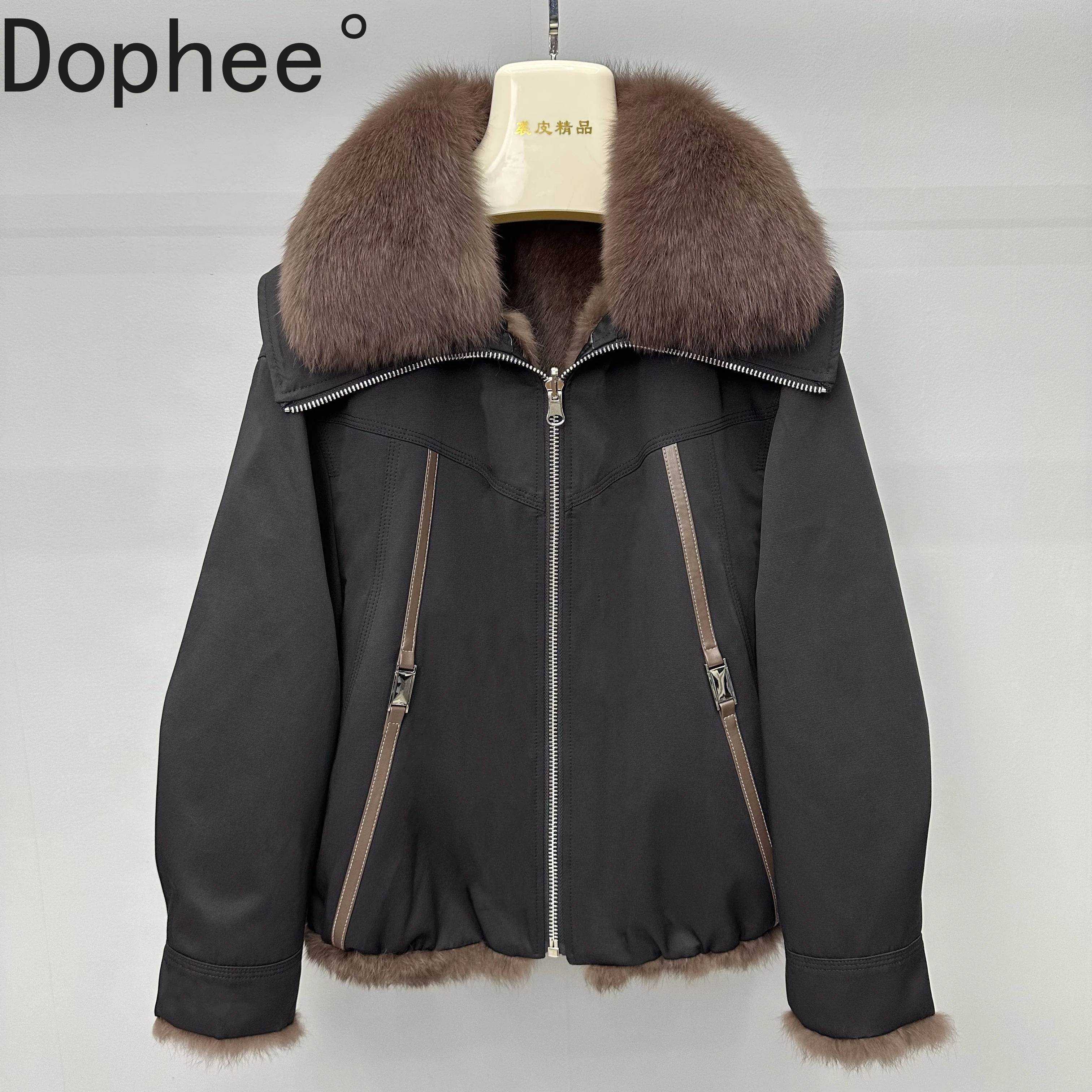 

2025 New Fashion Women Winter Keep Warm Fur Overcoat Removable Fox Fur Collar Double-faced Rabbit Hair Liner Lady Jacket Coat
