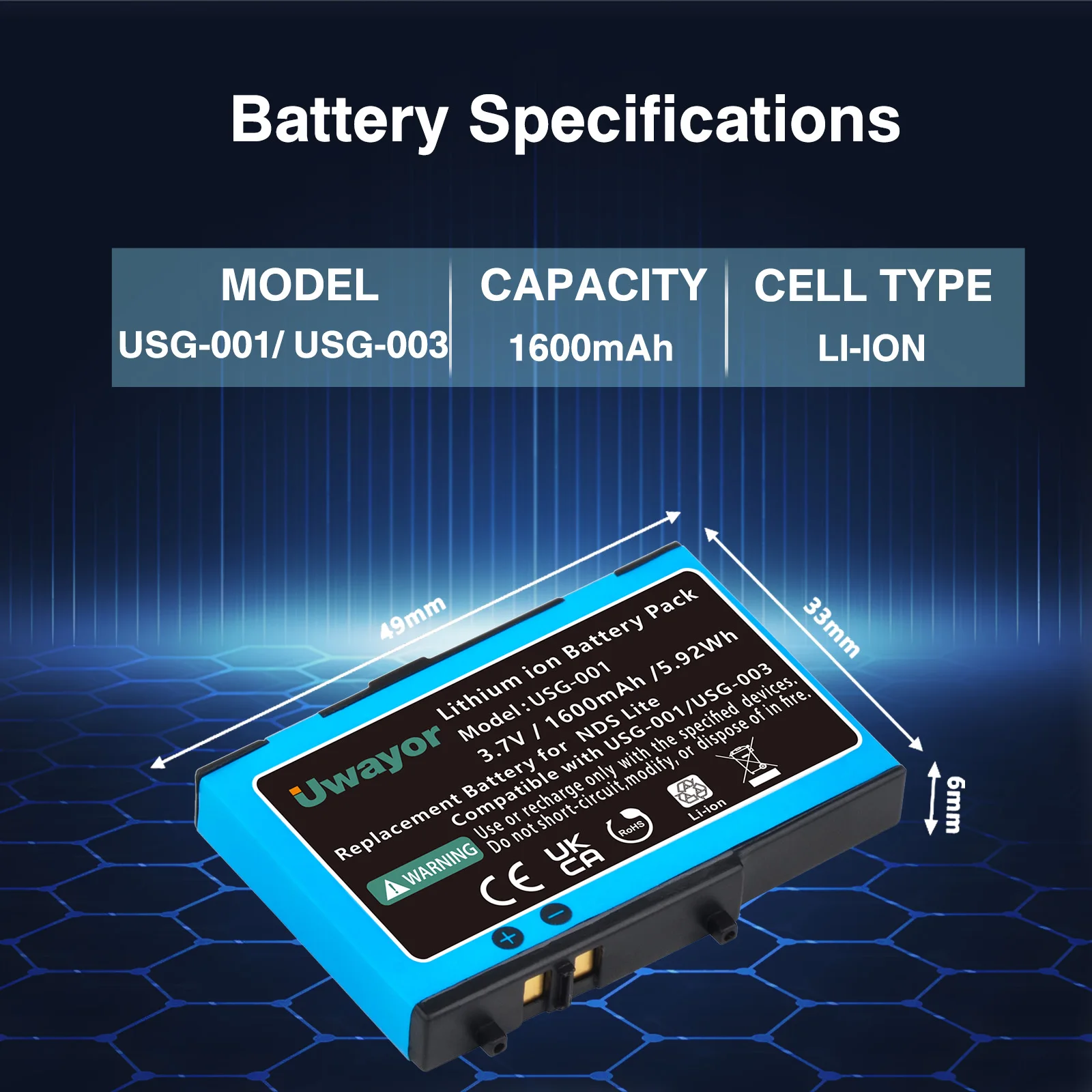 DS Lite Battery, 1600mAh USG-003/USG-001 Replacement Battery for Nintendo DS Lite, NDS Lite, NDSL Game Player  with Tool Kit