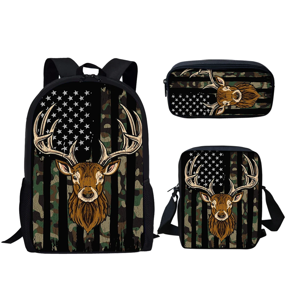 

Kids Large Capacity Backpack 3Set Camo Hunting American Flag Deer Print Lightweight Schoolbags for Teen Boys Casual Book Bags