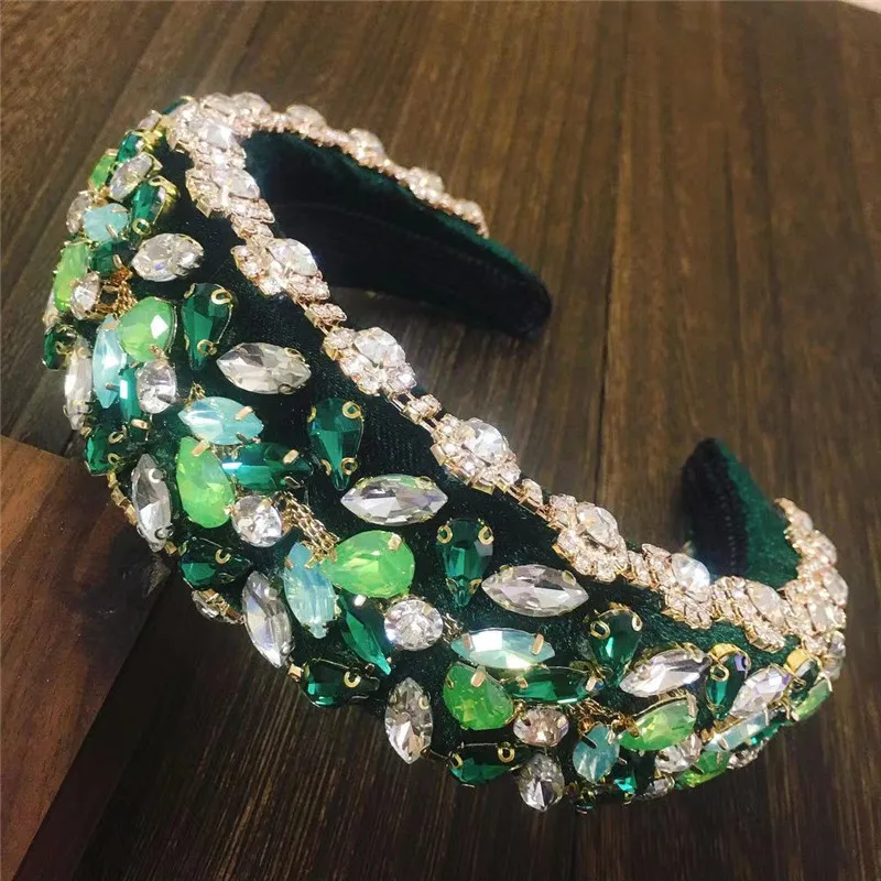 Ins Full Crystal Luxury Baroque Padded Headband For Women Diamond Rhinestone Hairband Wide Green Thick Headwear Wholesale