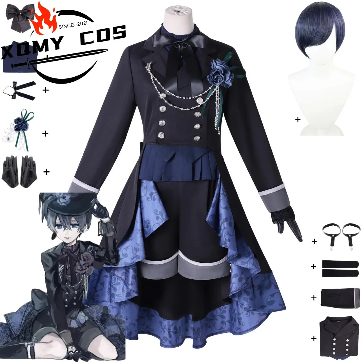 Kostium Cosplay XqAnime Ciel Phantomhive Smile, Czarny Smoking z Różą, Płaszcz, Uniform, Peruka, Męski Damski Strój Karnawałowy Świąteczny