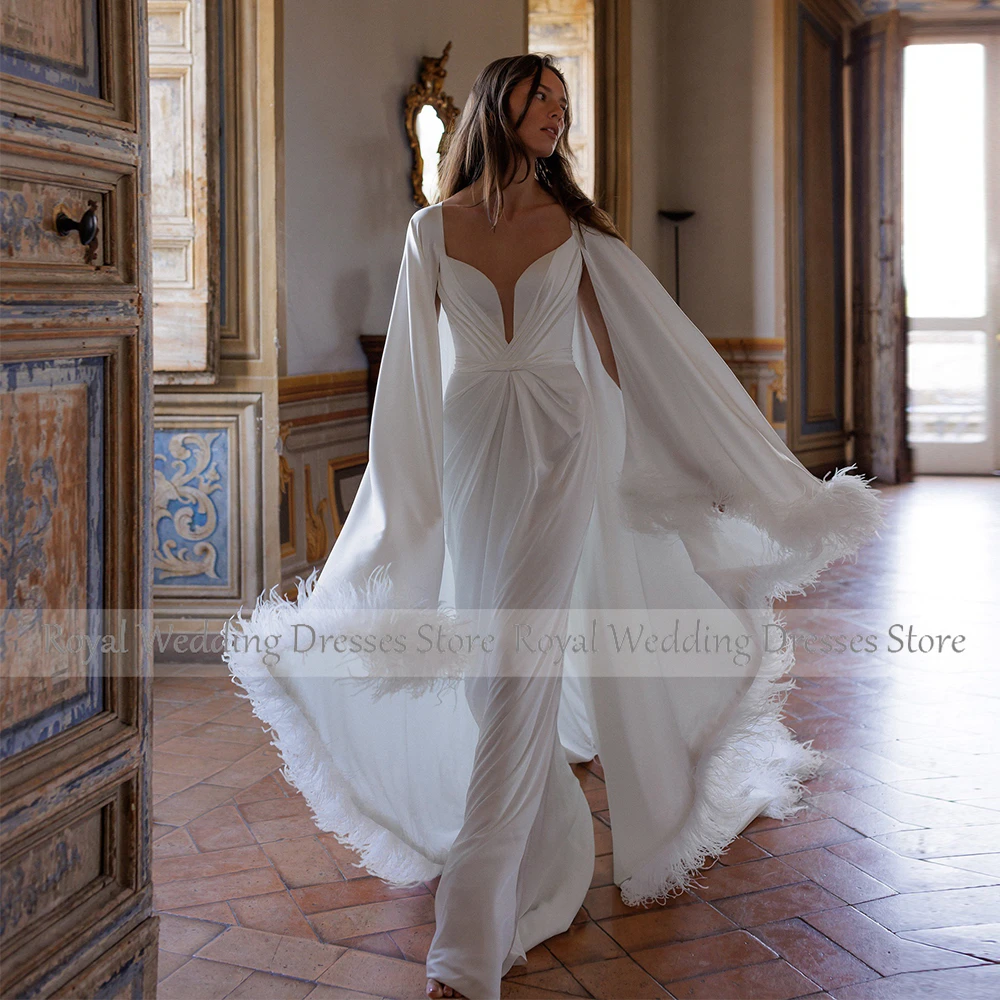 Wedding Dress Boho Bohemian White Satin Pleat Feather Engagement Straight Sweetheart Long Dresses Formal Dress 2024