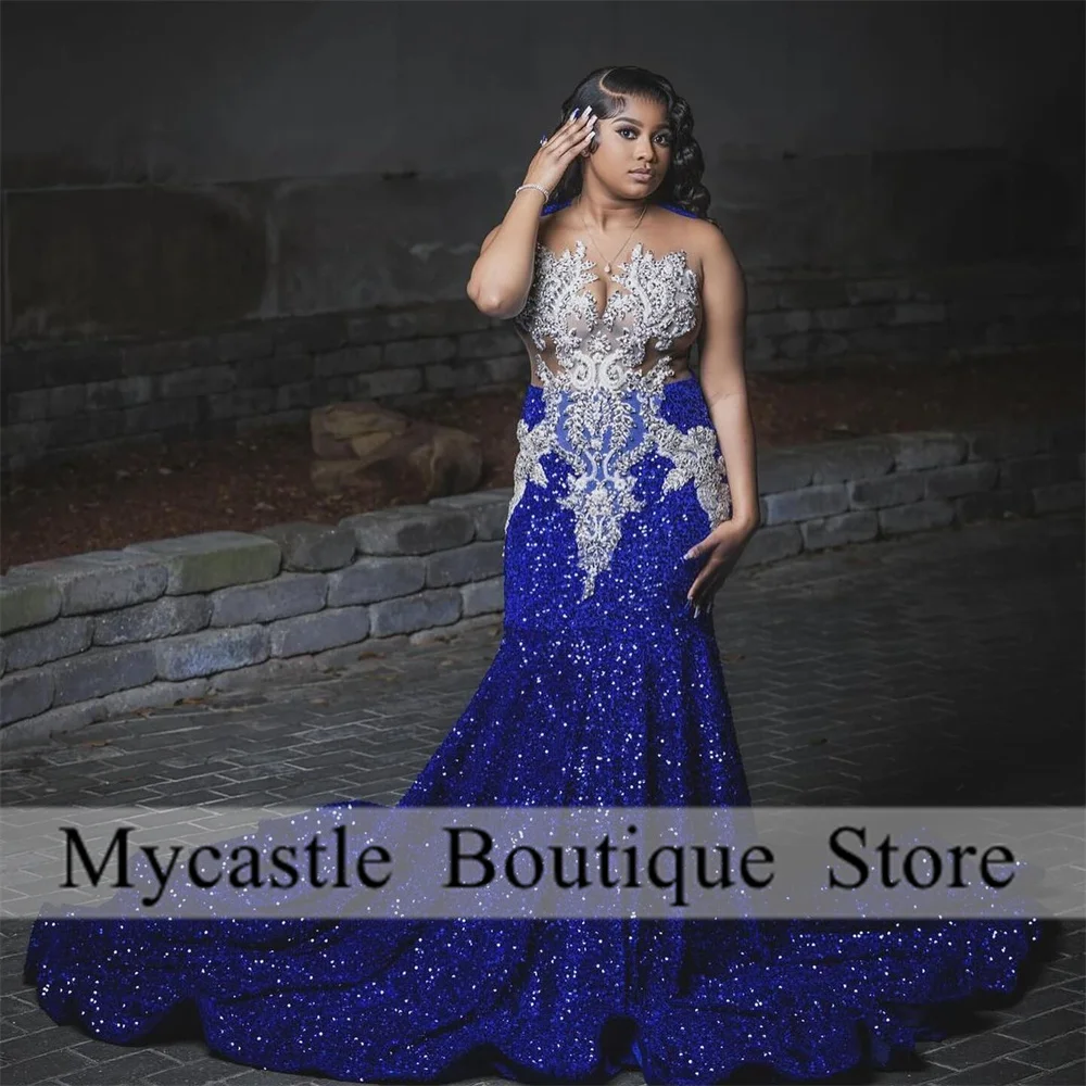 Sparkly Diamonds Royal Blue Prom Dresses 2024 For Black Girls Beads Crystals Appliques Sequins Formal Party Gown Plus Size