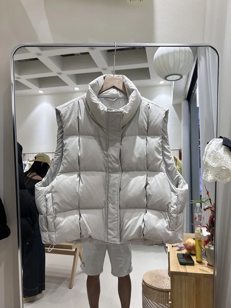 2025 herbst winter neue daunenjacke frauen kurze stehkragen weste mode-design lose beiläufige weiße ente daunenjacke