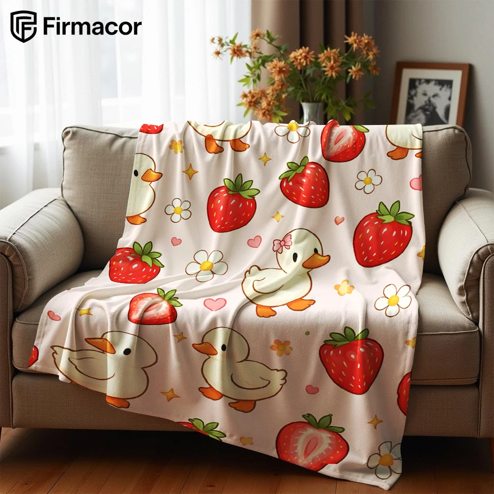Cute Duck Strawberry Mix Anime Cartoon Flannel Blanket Soft Warm Throw for Bedroom Sofa Car Kids Holiday Gift