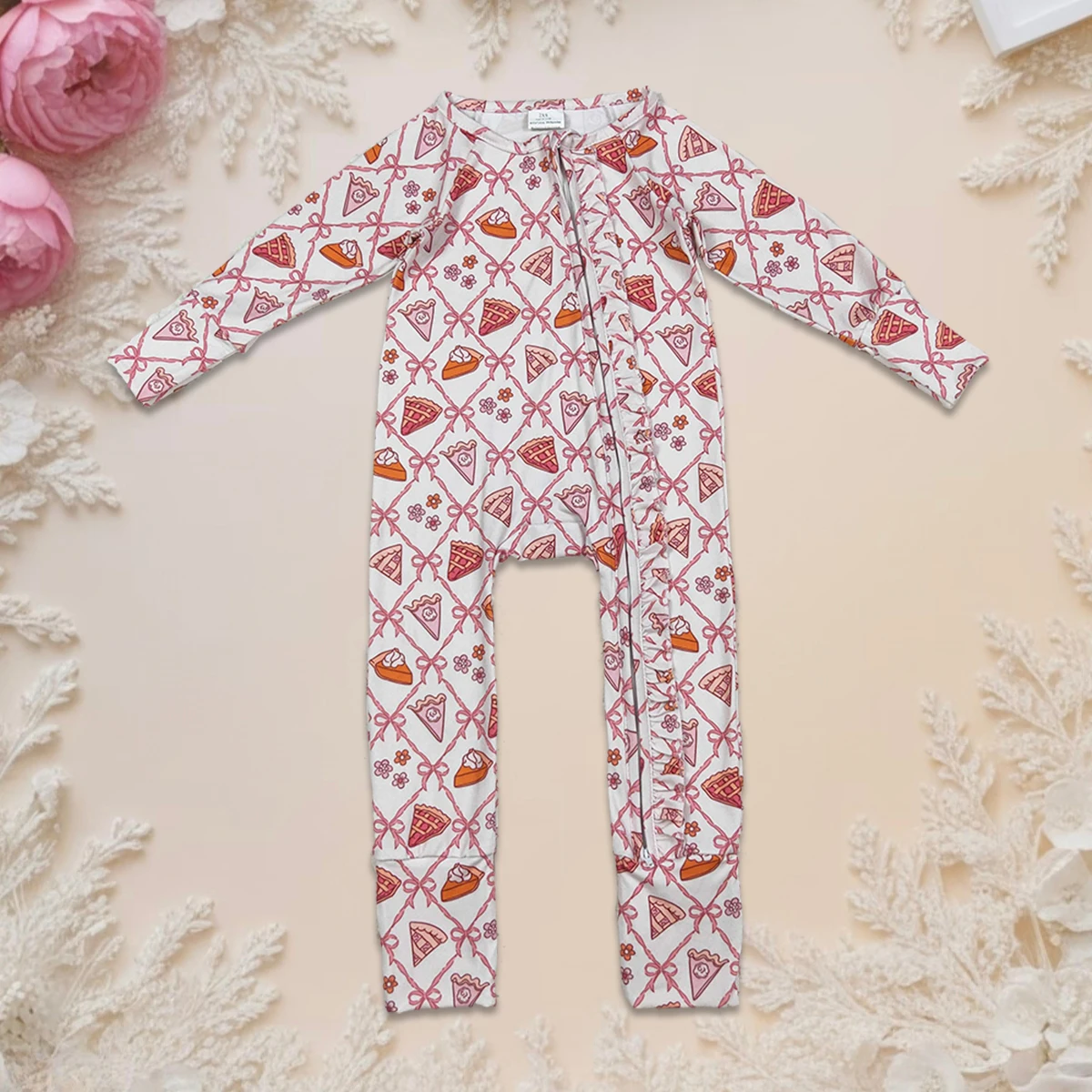 

Cute New Arrival Baby Girls Romper Fall Thanksgiving Bows Cake Long Sleeve Zipper Footie Romper Infant Toddler Jumpsuit Bodysuit