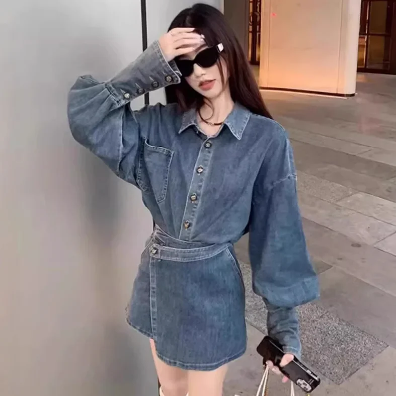 سلسلة الملح أوائل الخريف المرأة الجينز معطف قطعتين مجموعة القطن الدنيم الركبة طول تنورة خمر هونغ كونغ نمط ضوء Maturity #4