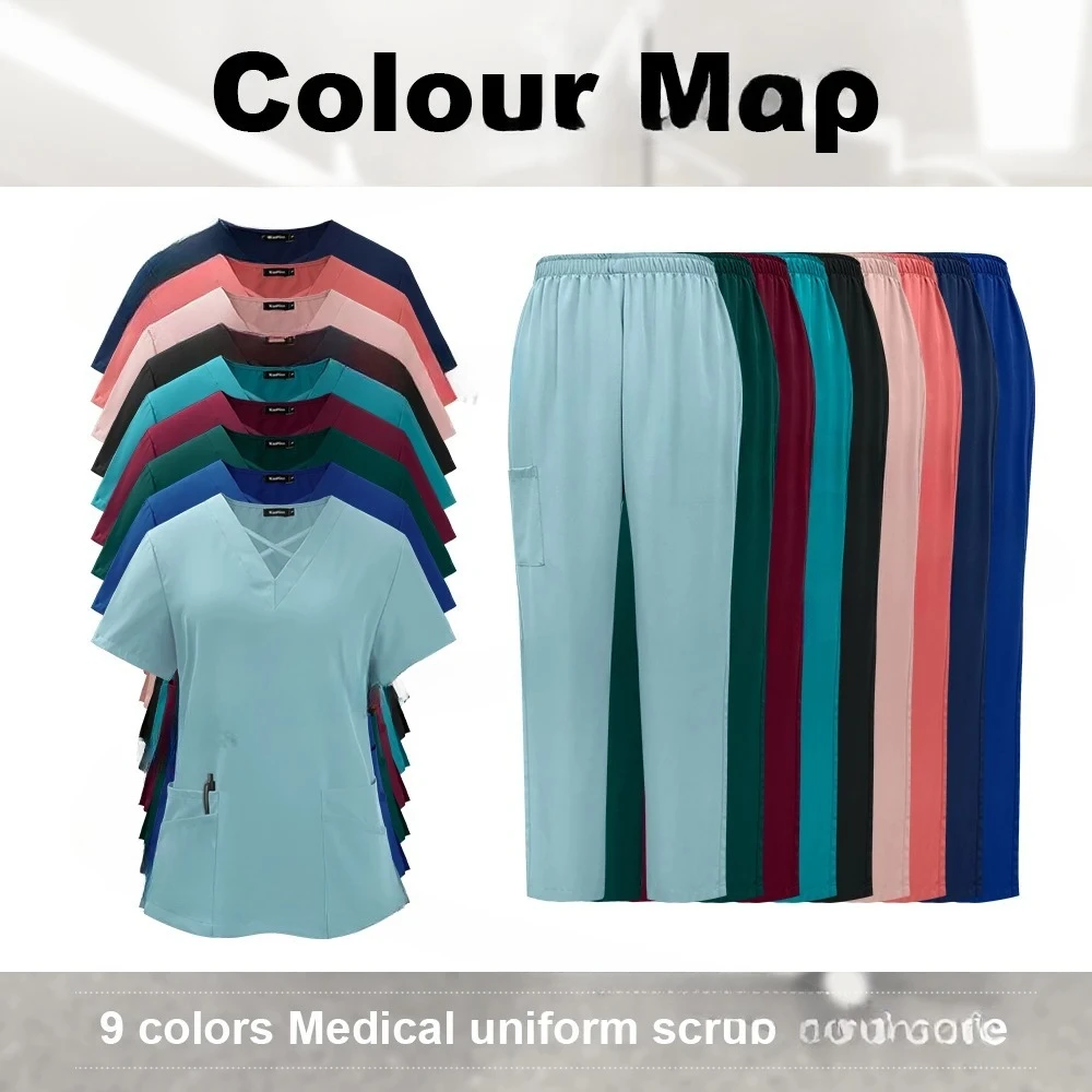 Niaahinn Medical Scrub Uniform Set Nursing Hospital Short Sleeves Top Pants Sets Nurse Uniform Fit Wholesale Spandex Scrubs Suit