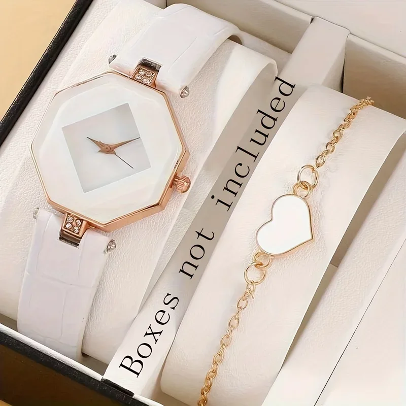 Women's Polygon Quartz Watch Pointer Quartz Watch Analog PU Leather Wrist Watch & Heart Bracelet Gift For Her