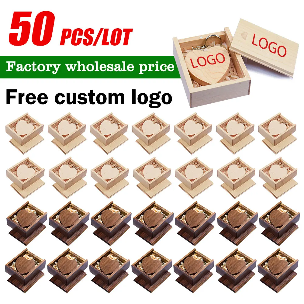 50PCS Wooden USB 2.0 Flash Drives 128GB Free Custom Logo Pen Drive 64GB 32GB with Key Chain Memory Stick Business Gift U Disk